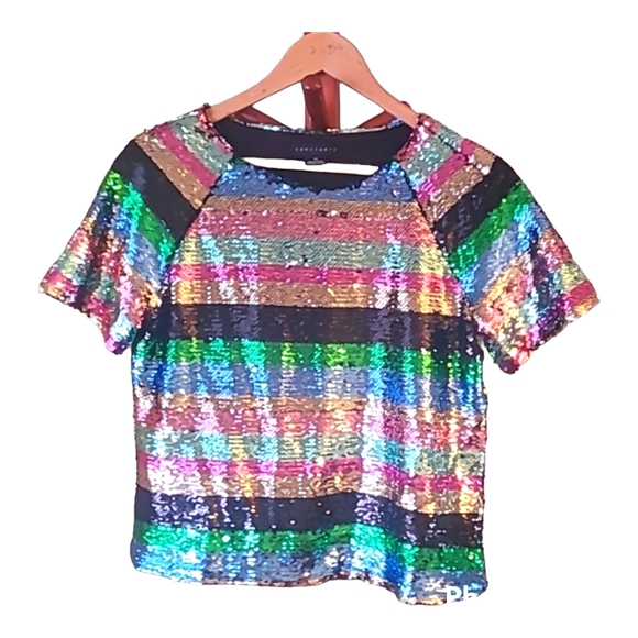 Sanctuary Short Sleeve Sequined Rainbow Striped Top - Picture 2 of 7